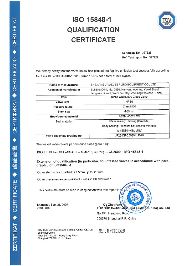 Globe Valves ISO 15848-1 Certification