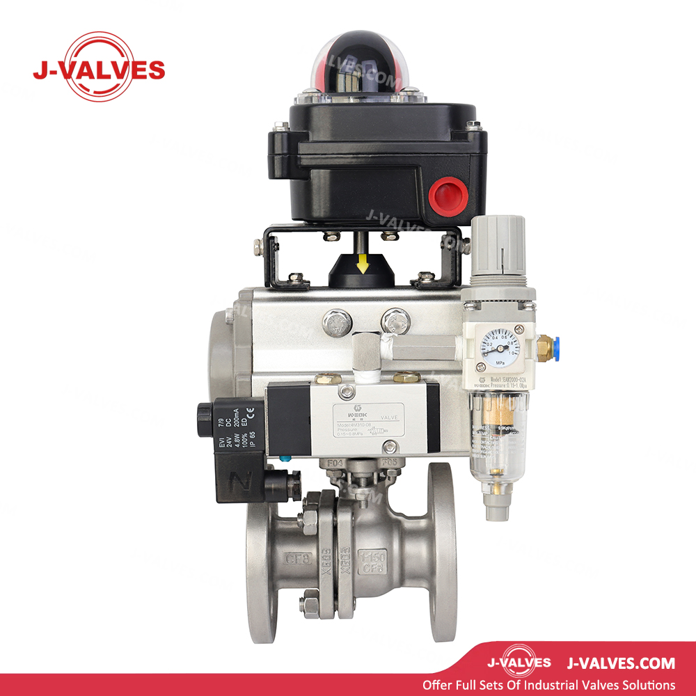 Quality Industrial Valve Product Made in China J-Valves 150LB Two Piece Pneumatic Stainless Steel Flanged Ball Valve with Air Filter, Limit Switch, Solenoid Valve, Positioner
