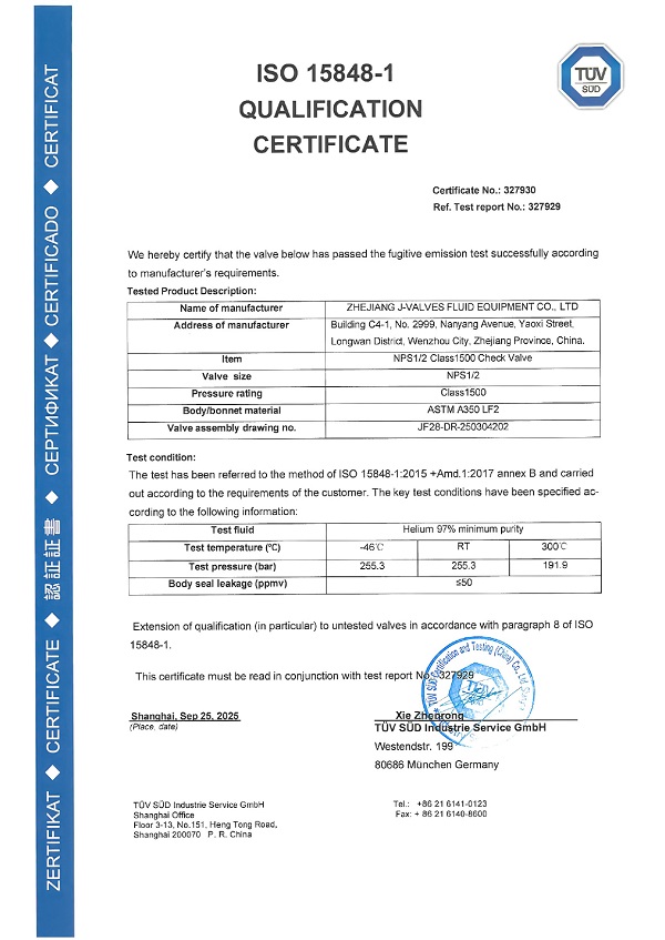 Check Valves ISO 15848-1 Certification